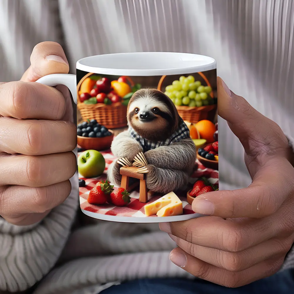 Sloth Sitting at Fruit Picnic Spread – Mugs