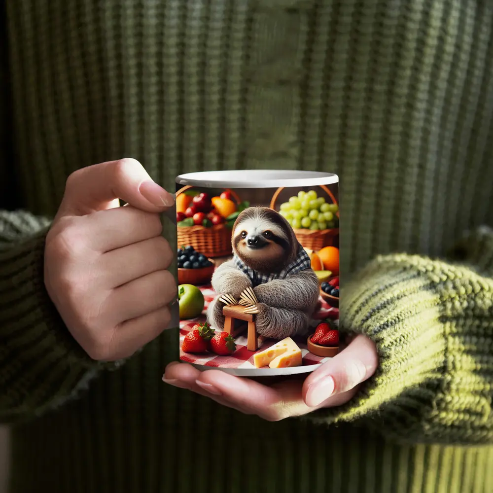 Sloth Sitting at Fruit Picnic Spread – Mugs