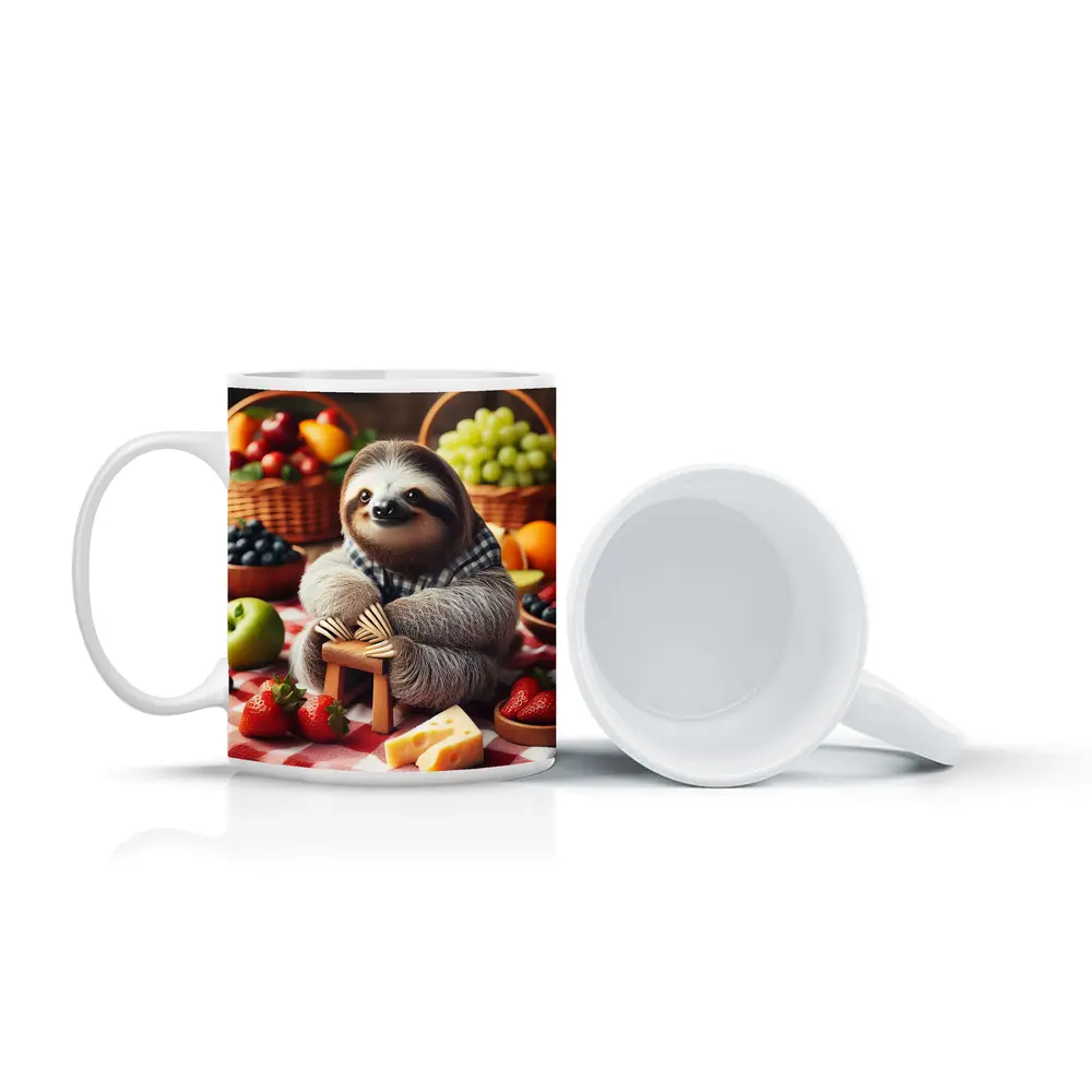 Sloth Sitting at Fruit Picnic Spread – Mugs