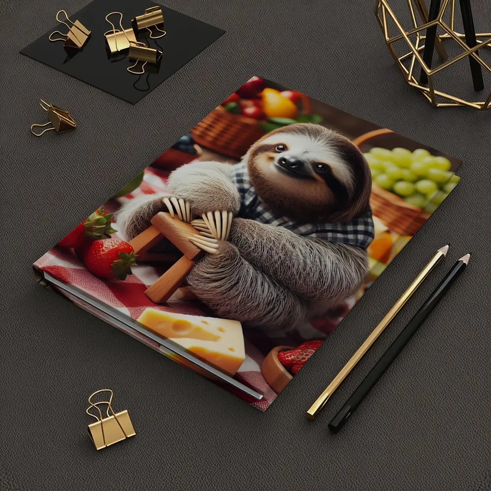Sloth Sitting at Fruit Picnic Spread – Notebooks