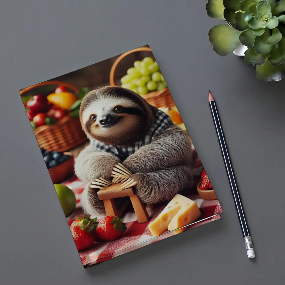 Sloth Sitting at Fruit Picnic Spread – Notebooks