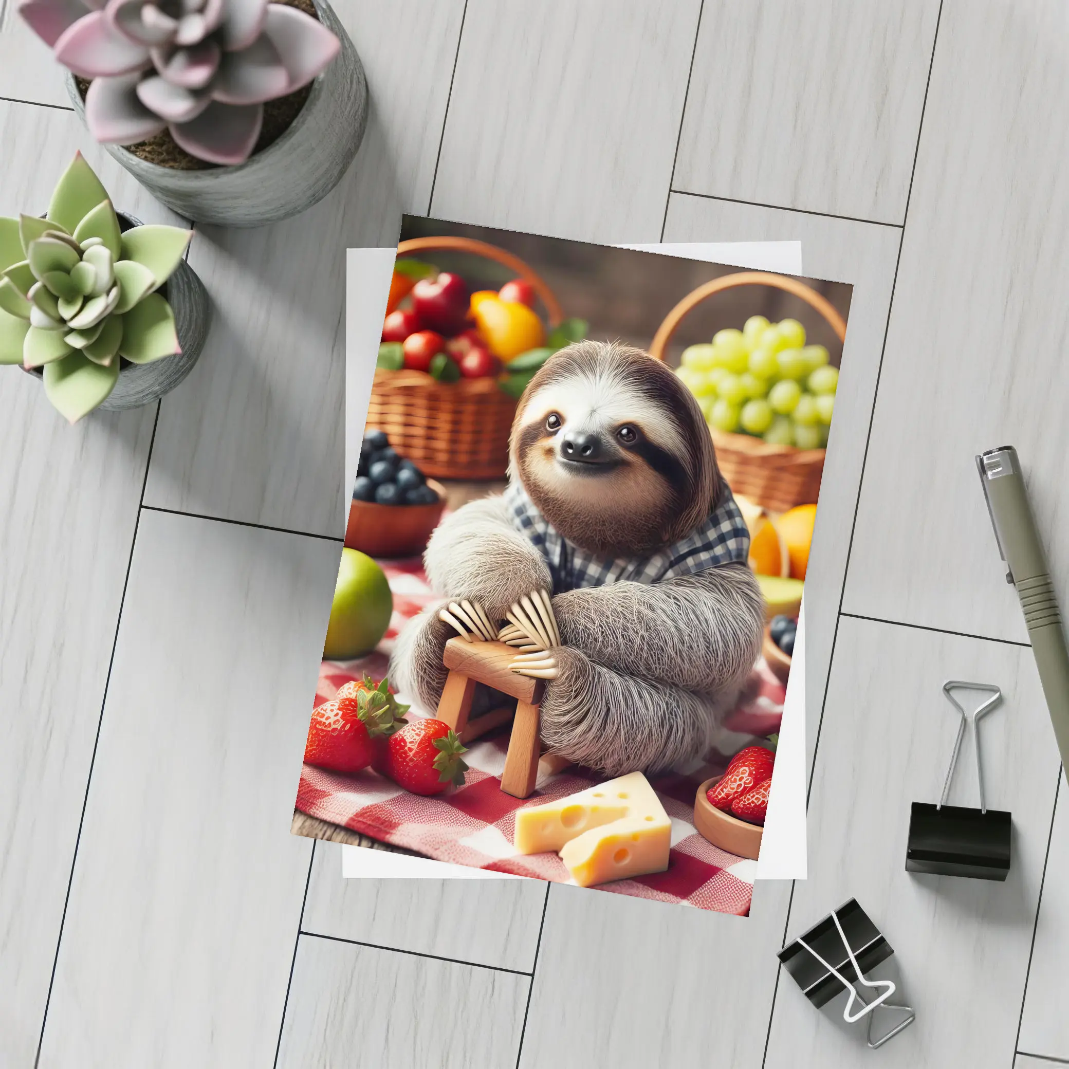 Sloth Sitting at Fruit Picnic Spread – Postcards