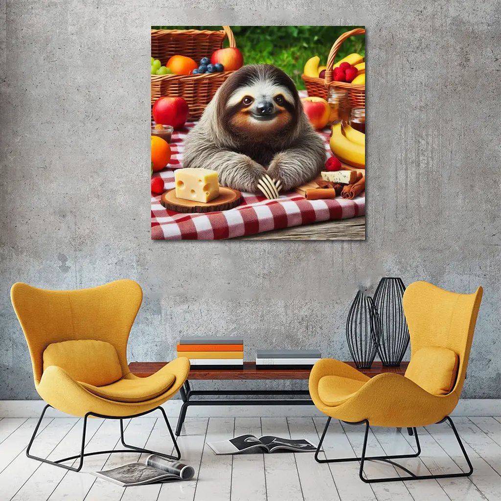 Happy Sloth Picnic With Fruits And Cheese – Wall Art