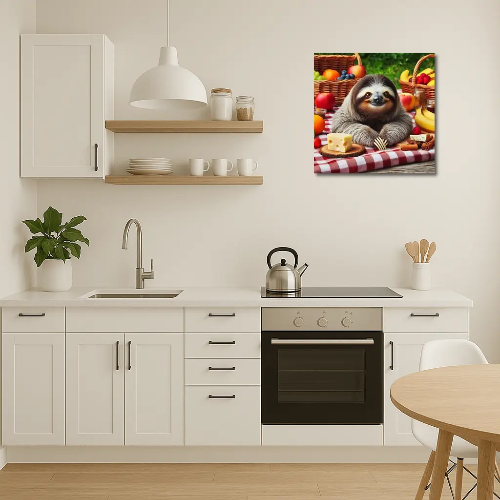 Happy Sloth Picnic With Fruits And Cheese – Wall Art