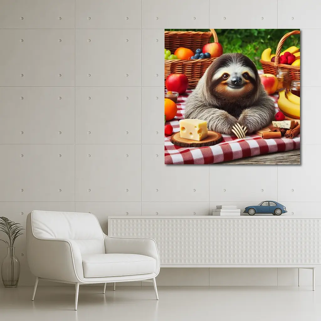 Happy Sloth Picnic With Fruits And Cheese – Wall Art