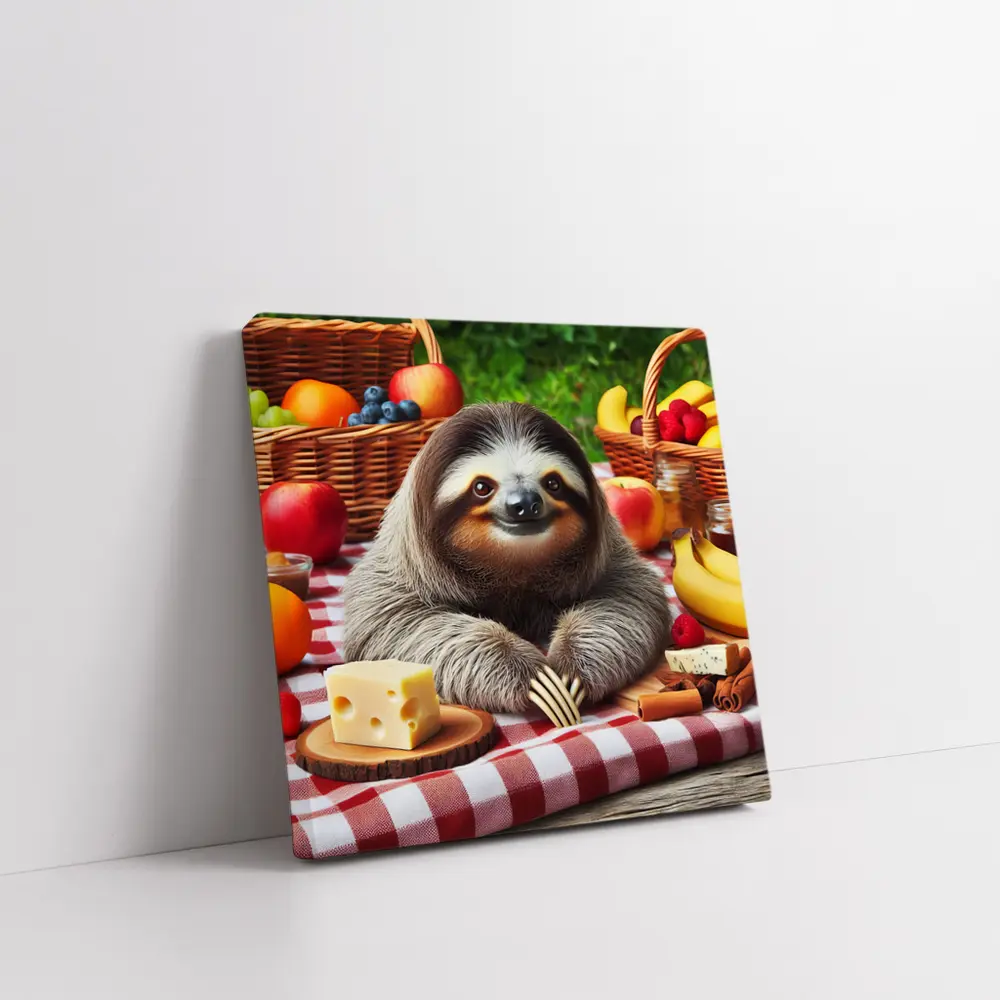 Happy Sloth Picnic With Fruits And Cheese – Wall Art
