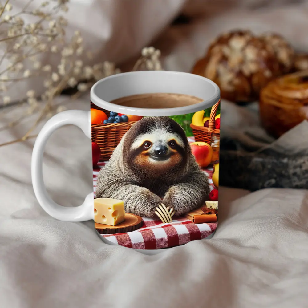 Happy Sloth Picnic With Fruits And Cheese – Mugs
