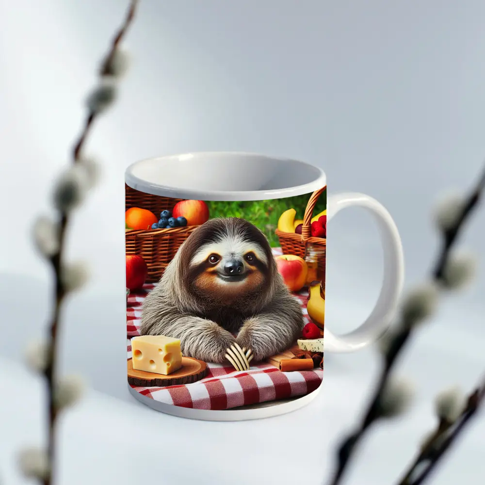 Happy Sloth Picnic With Fruits And Cheese – Mugs