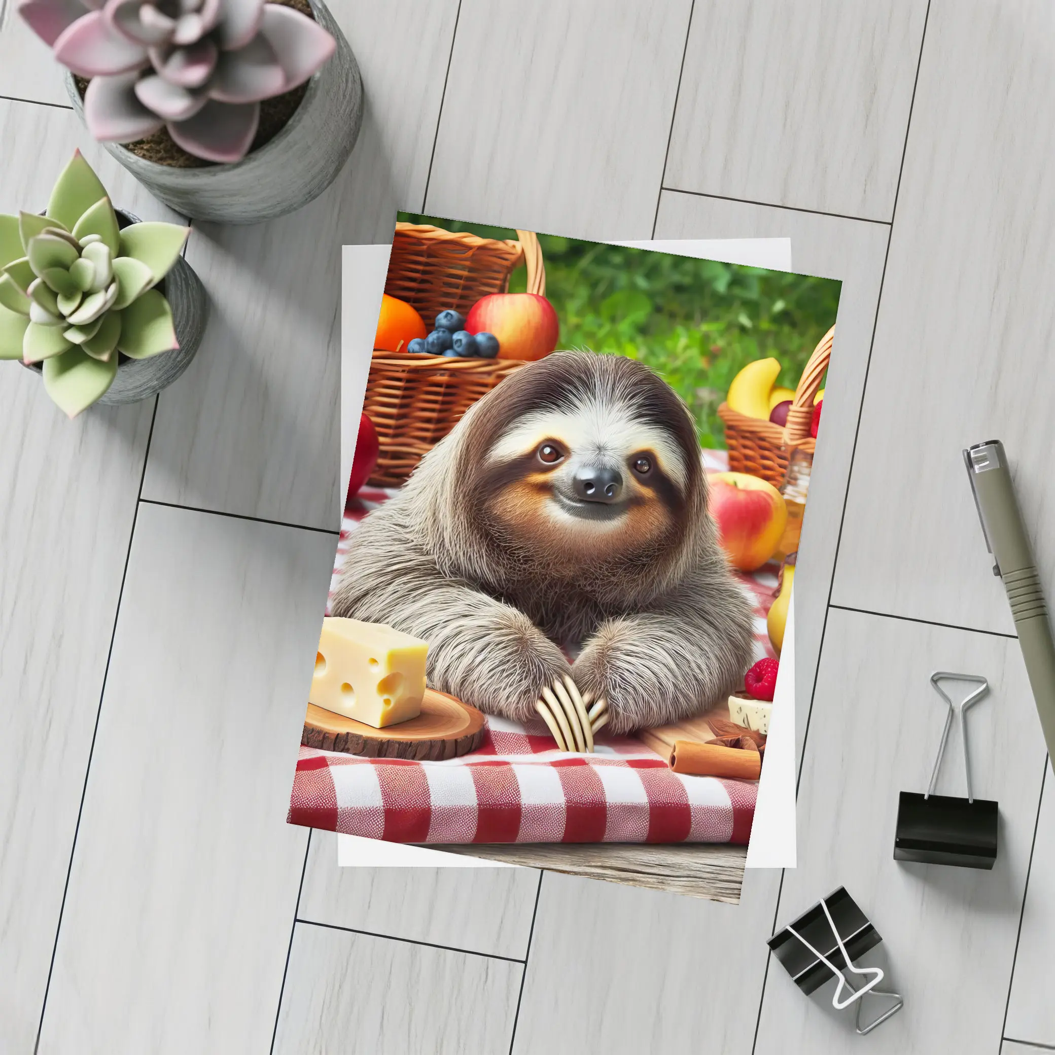 Happy Sloth Picnic With Fruits And Cheese – Postcards