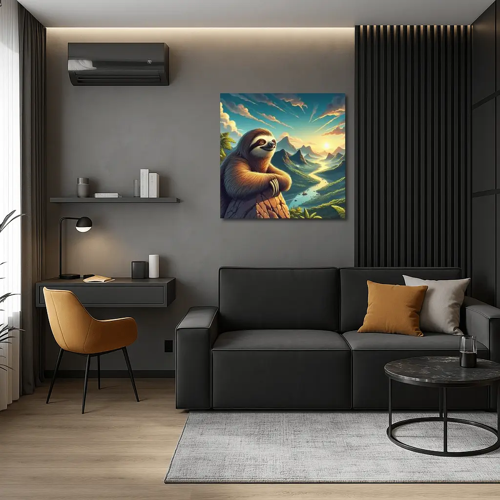 Relaxed Sloth Overlooking Mountain River Landscape – Wall Art