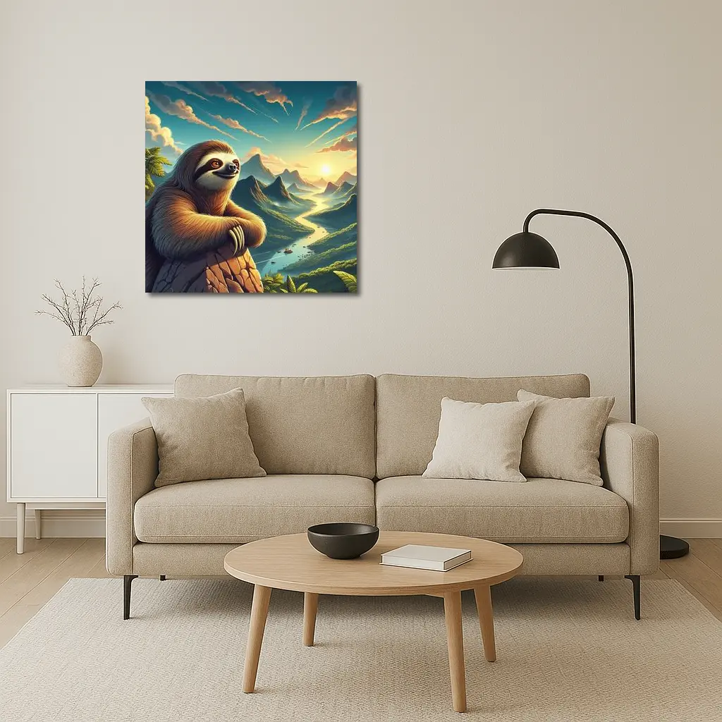 Relaxed Sloth Overlooking Mountain River Landscape – Wall Art