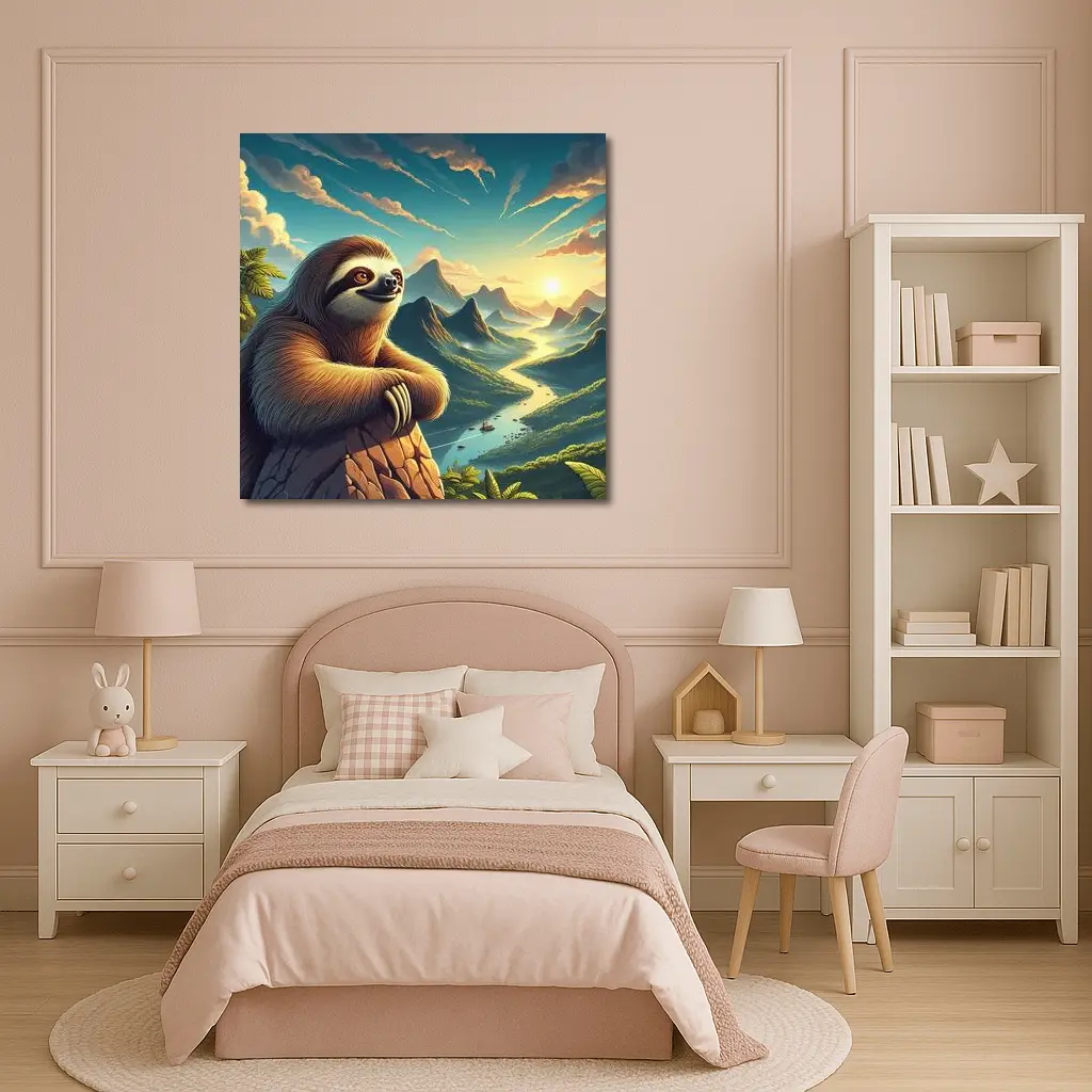 Relaxed Sloth Overlooking Mountain River Landscape – Wall Art