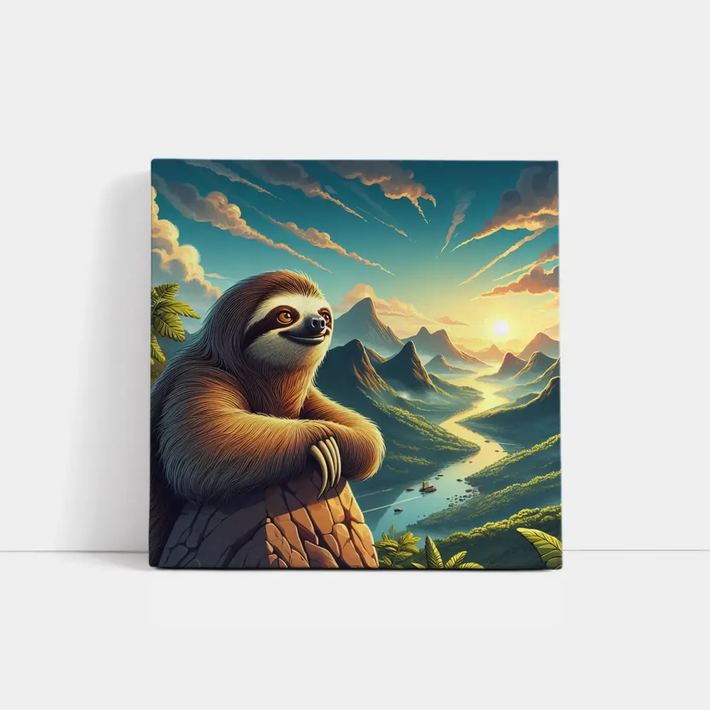 Relaxed Sloth Overlooking Mountain River Landscape – Wall Art