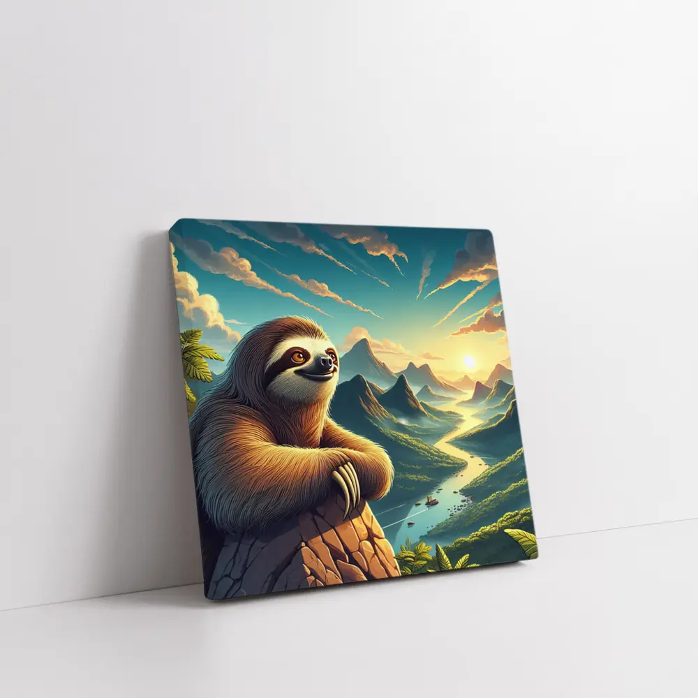 Relaxed Sloth Overlooking Mountain River Landscape – Wall Art