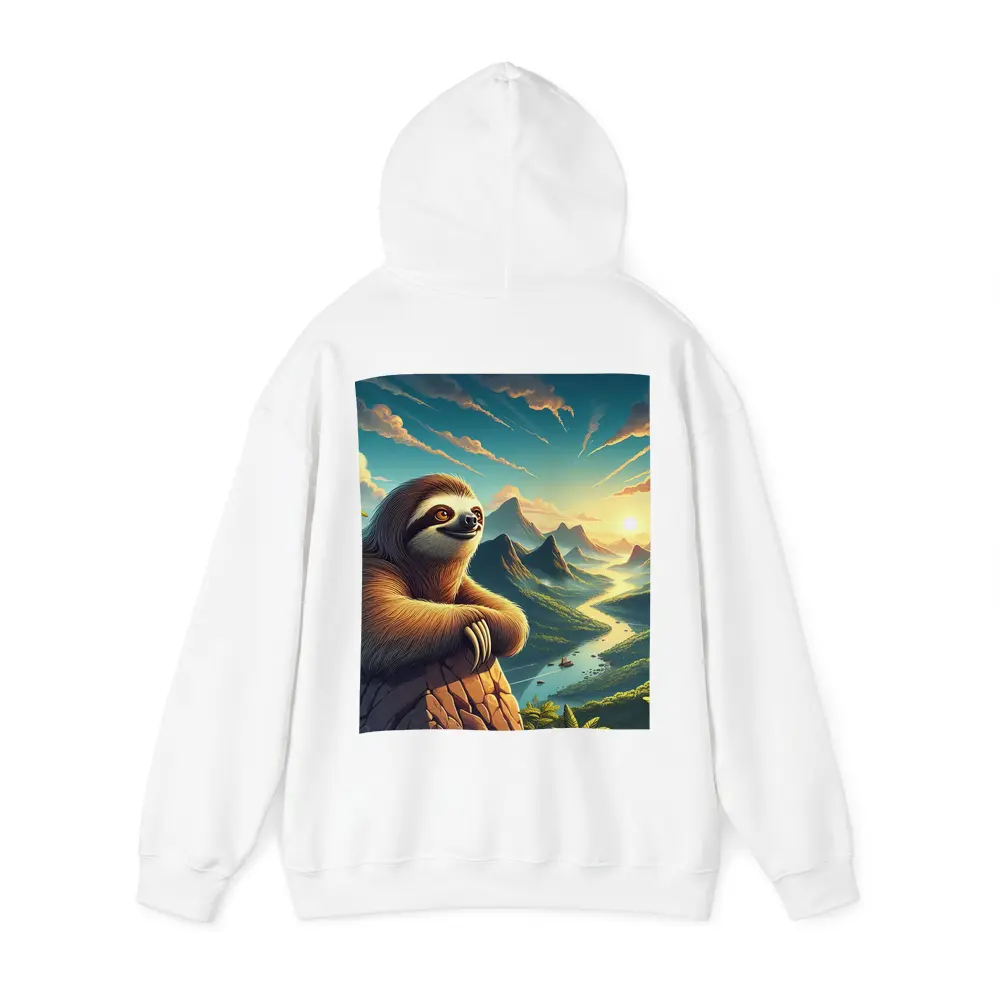 Relaxed Sloth Overlooking Mountain River Landscape – Hoodies