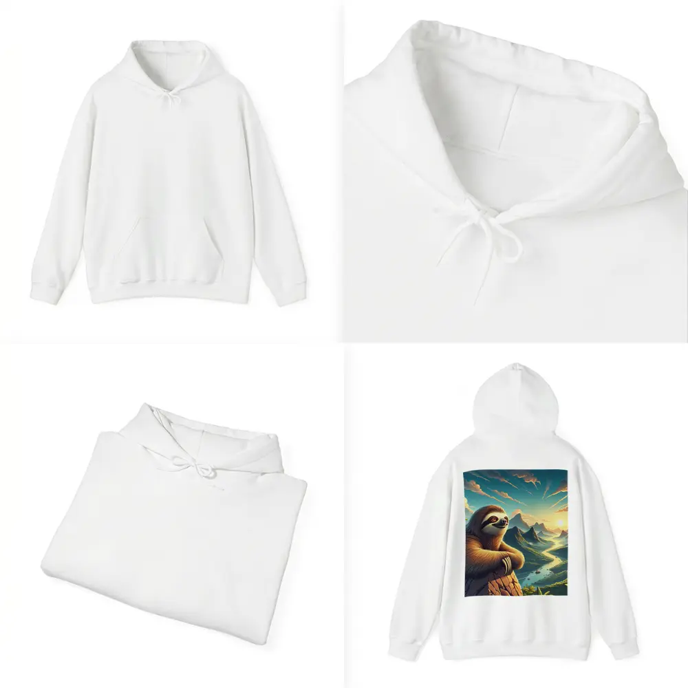 Relaxed Sloth Overlooking Mountain River Landscape – Hoodies