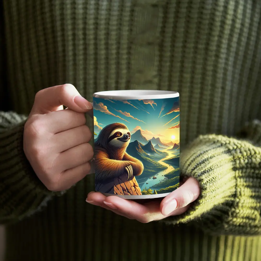 Relaxed Sloth Overlooking Mountain River Landscape – Mugs