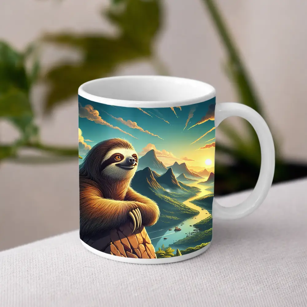 Relaxed Sloth Overlooking Mountain River Landscape – Mugs