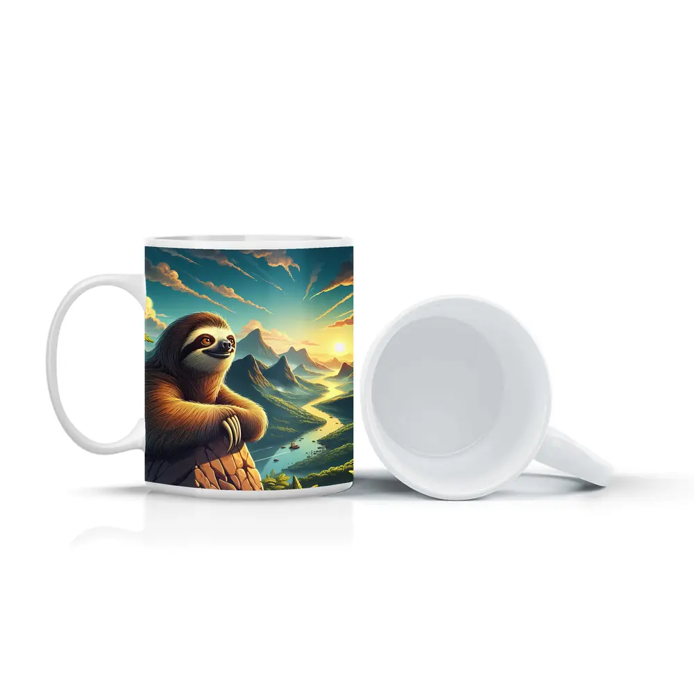 Relaxed Sloth Overlooking Mountain River Landscape – Mugs