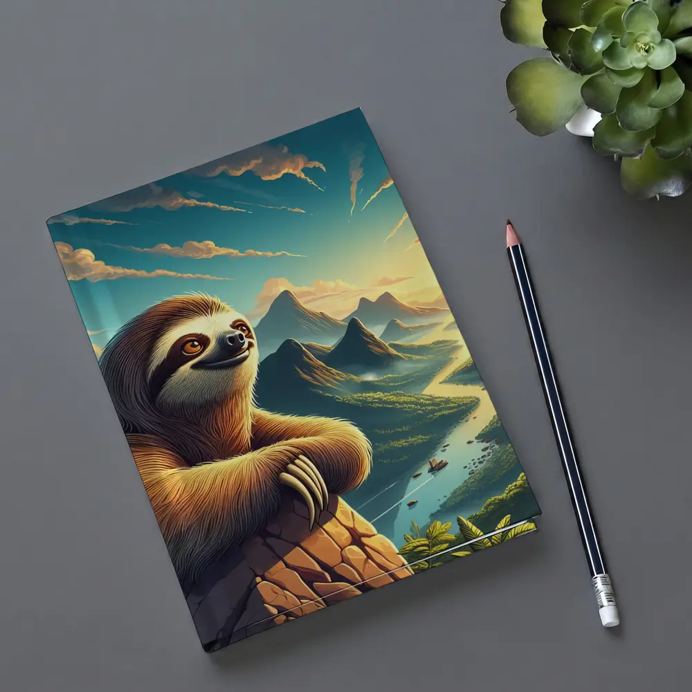 Relaxed Sloth Overlooking Mountain River Landscape – Notebooks