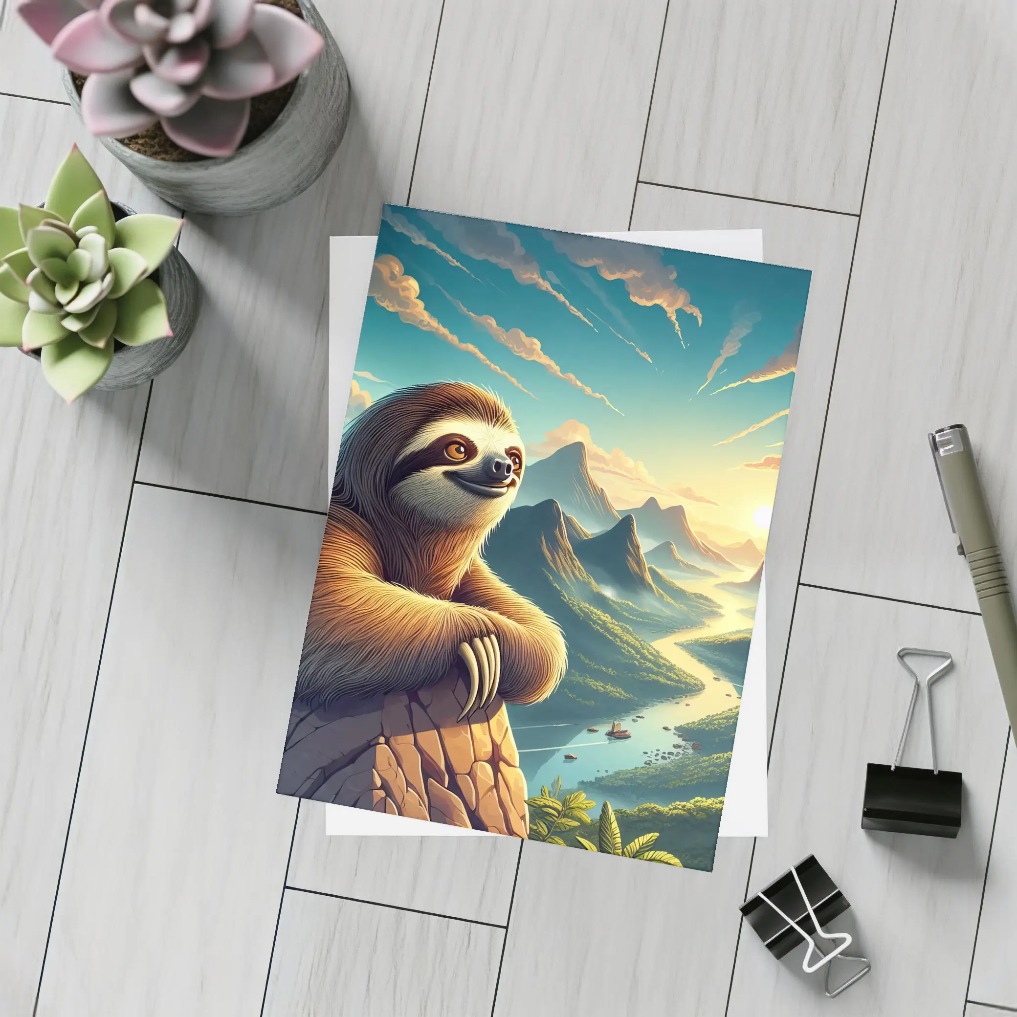 Relaxed Sloth Overlooking Mountain River Landscape – Postcards