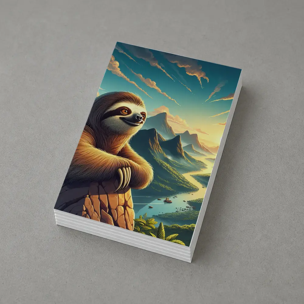 Relaxed Sloth Overlooking Mountain River Landscape – Postcards