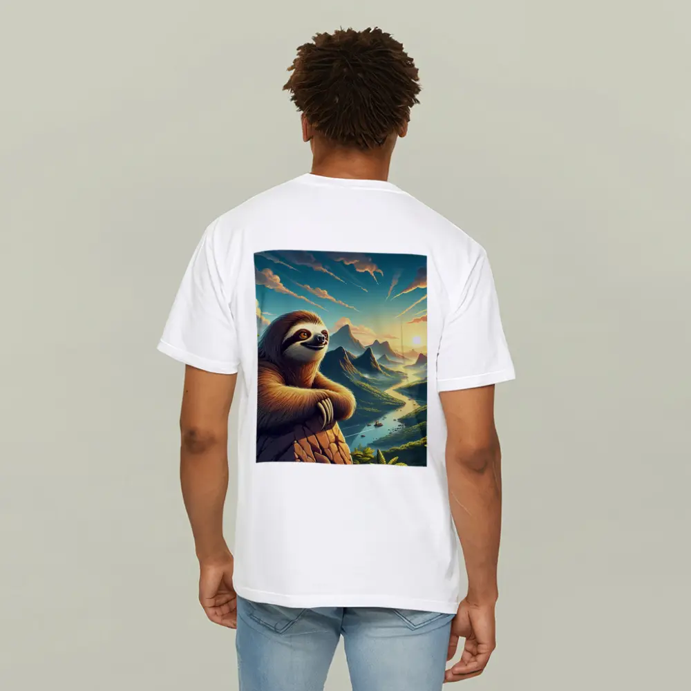 Relaxed Sloth Overlooking Mountain River Landscape – T-Shirts
