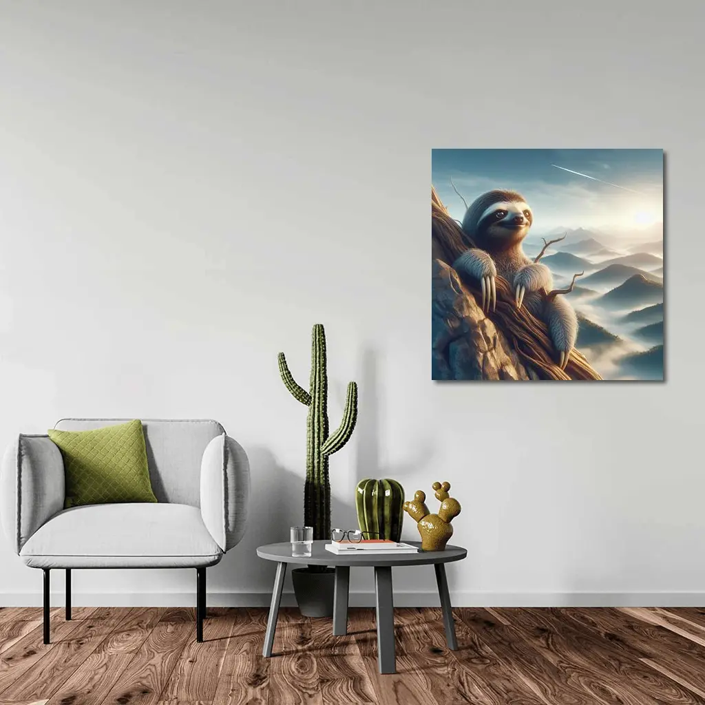 Sloth Clinging Rocky Cliff Mountain Mist – Wall Art