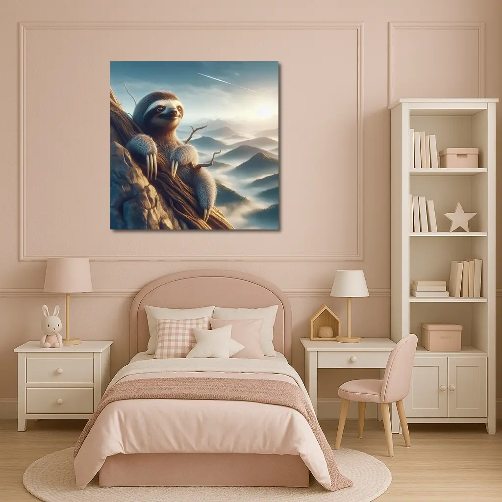 Sloth Clinging Rocky Cliff Mountain Mist – Wall Art