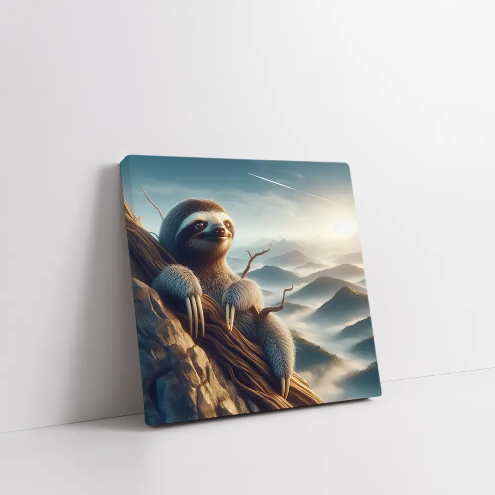 Sloth Clinging Rocky Cliff Mountain Mist – Wall Art