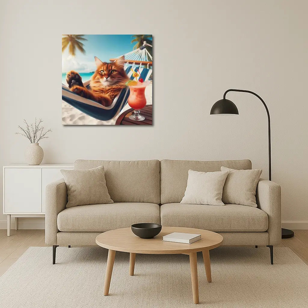 Somali Cat Relaxing on Tropical Beach – Wall Art