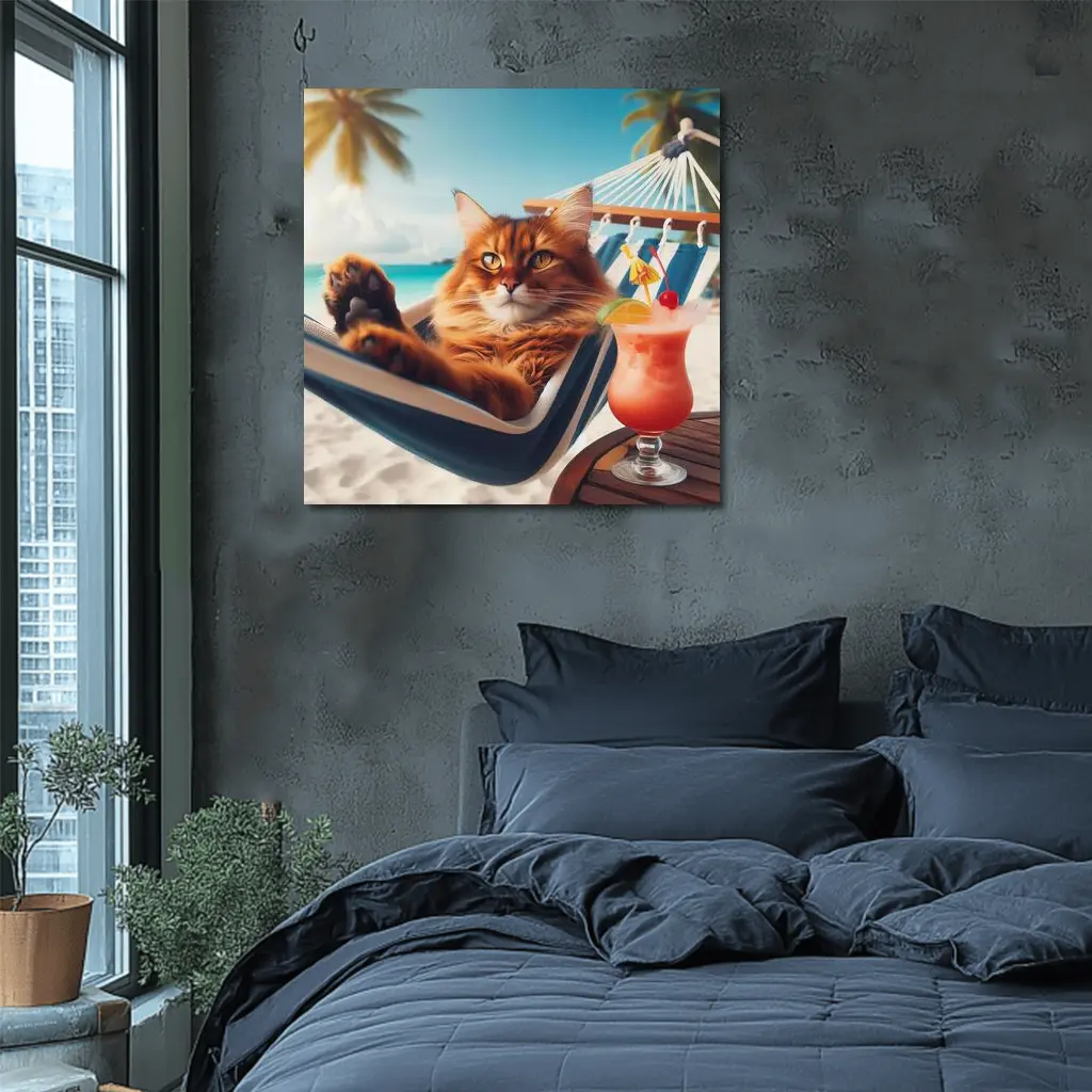 Somali Cat Relaxing on Tropical Beach – Wall Art
