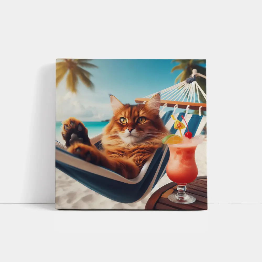 Somali Cat Relaxing on Tropical Beach – Wall Art