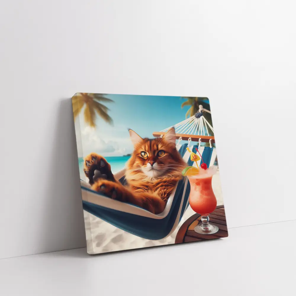 Somali Cat Relaxing on Tropical Beach – Wall Art