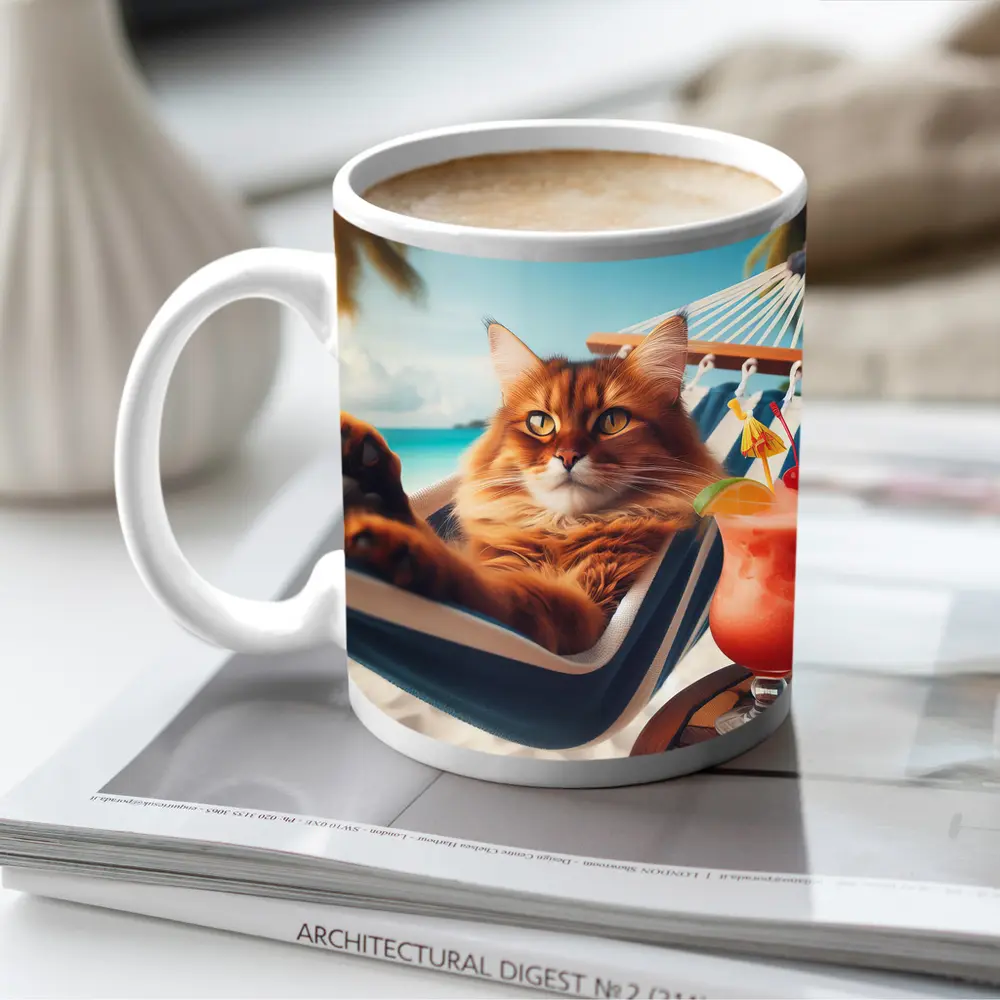 Somali Cat Relaxing on Tropical Beach – Mugs