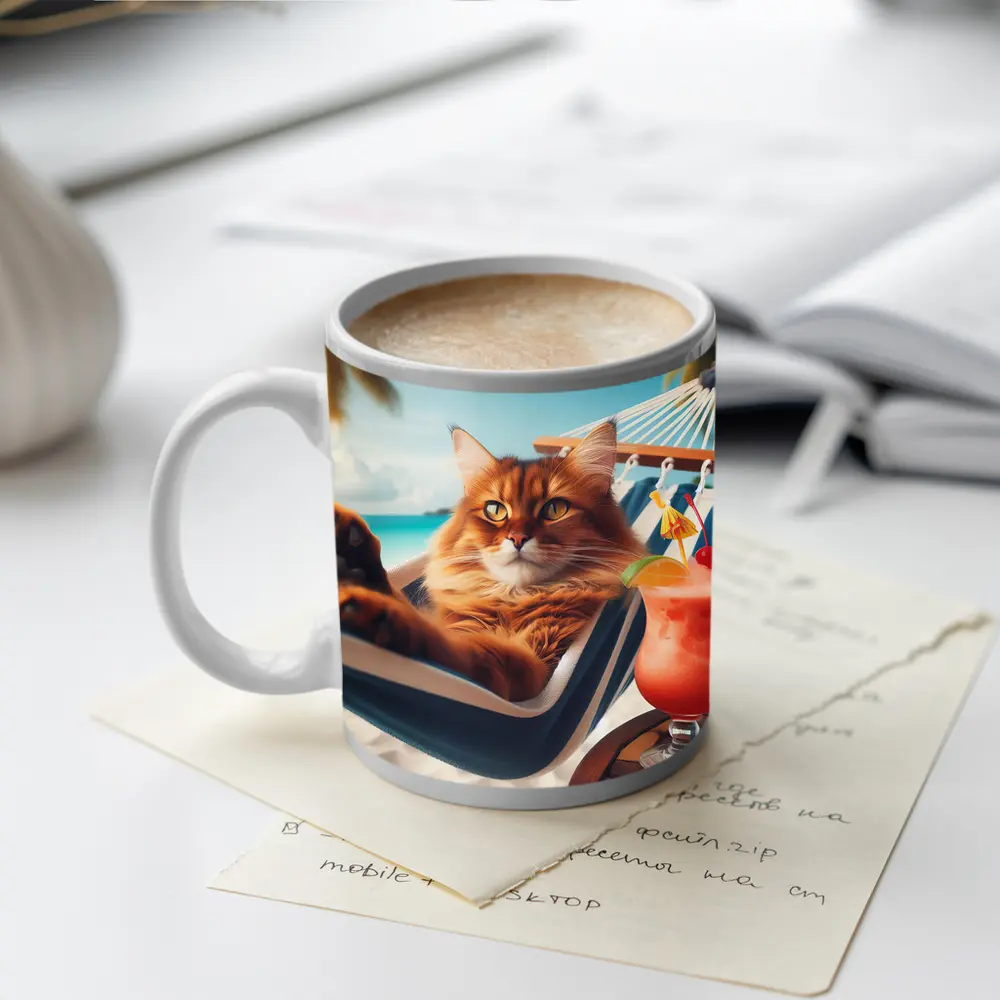 Somali Cat Relaxing on Tropical Beach – Mugs