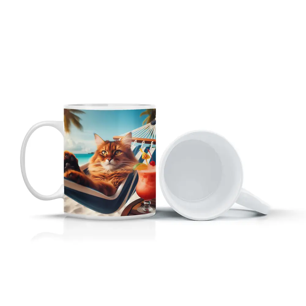 Somali Cat Relaxing on Tropical Beach – Mugs