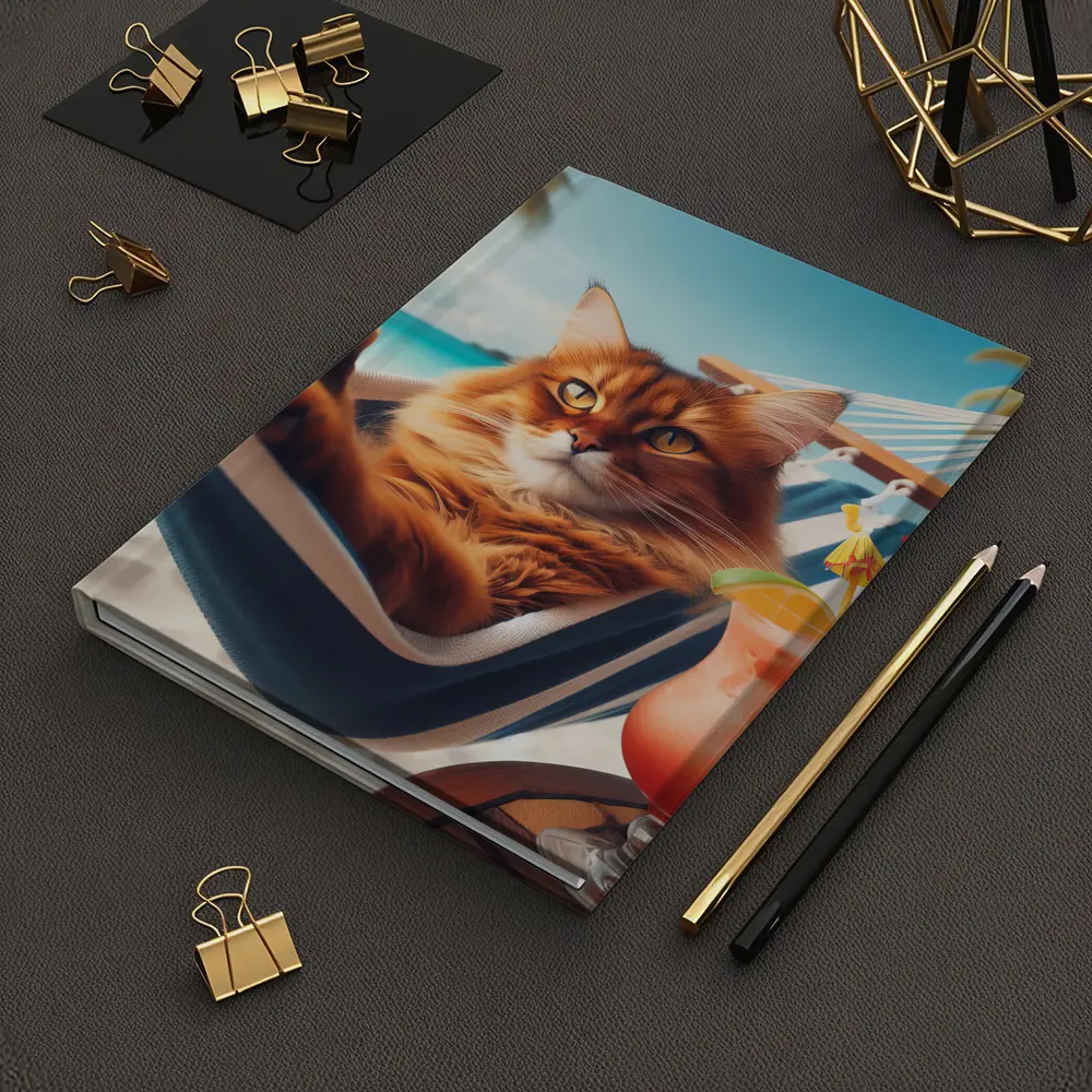 Somali Cat Relaxing on Tropical Beach – Notebooks