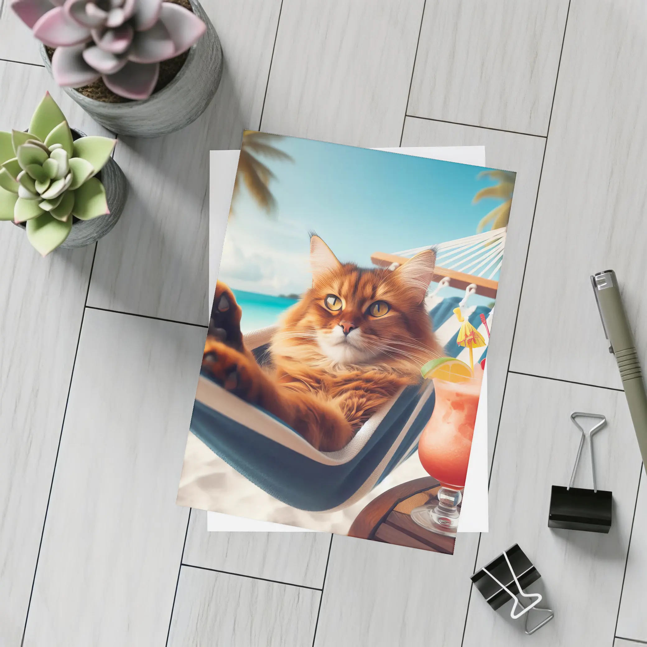 Somali Cat Relaxing on Tropical Beach – Postcards