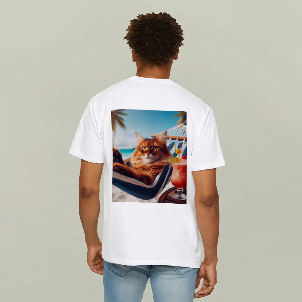 Somali Cat Relaxing on Tropical Beach – T-Shirts