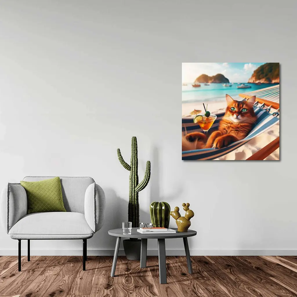 Somali Cat Relaxing on Beach Hammock – Wall Art