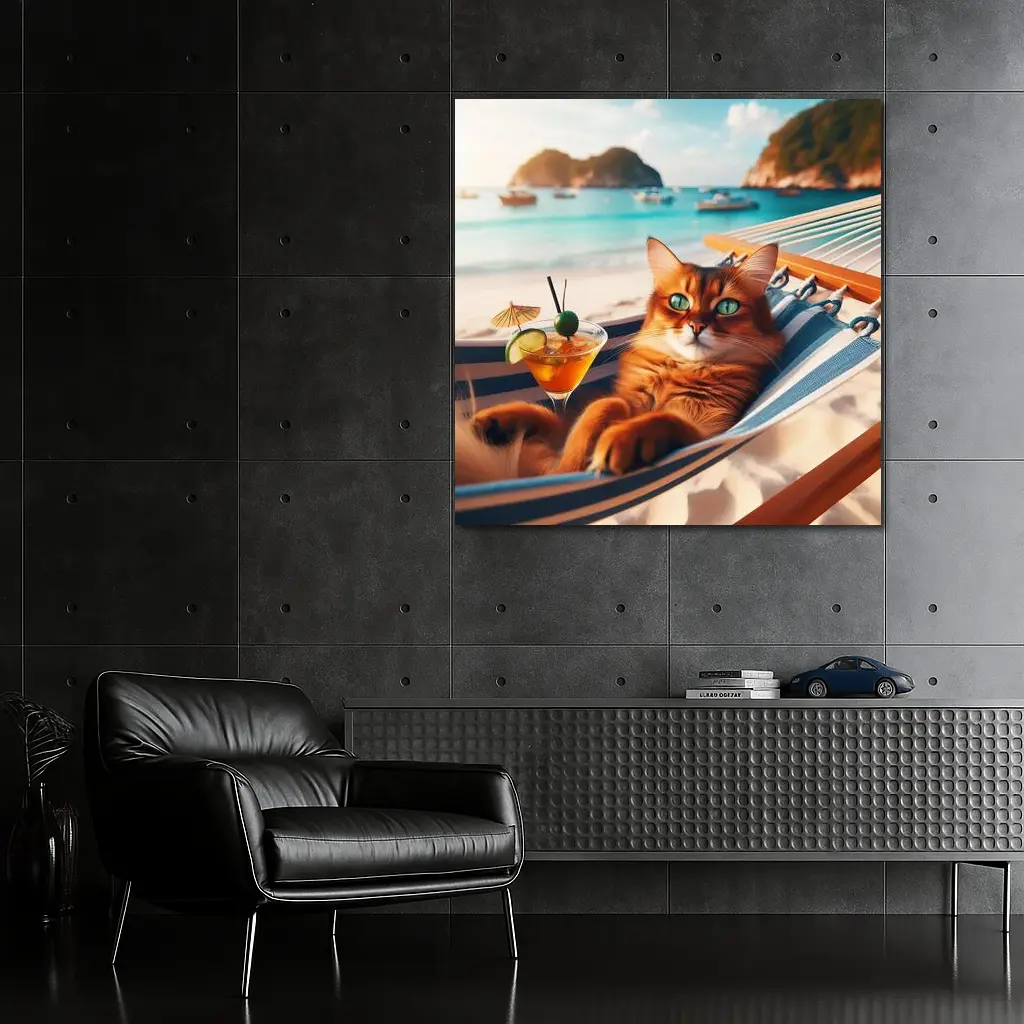 Somali Cat Relaxing on Beach Hammock – Wall Art