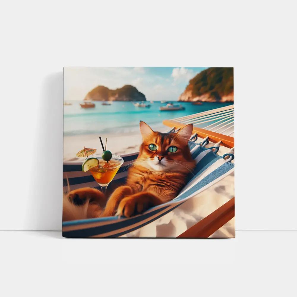 Somali Cat Relaxing on Beach Hammock – Wall Art