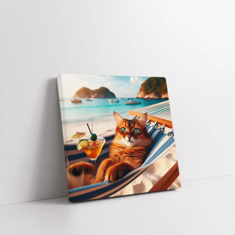 Somali Cat Relaxing on Beach Hammock – Wall Art