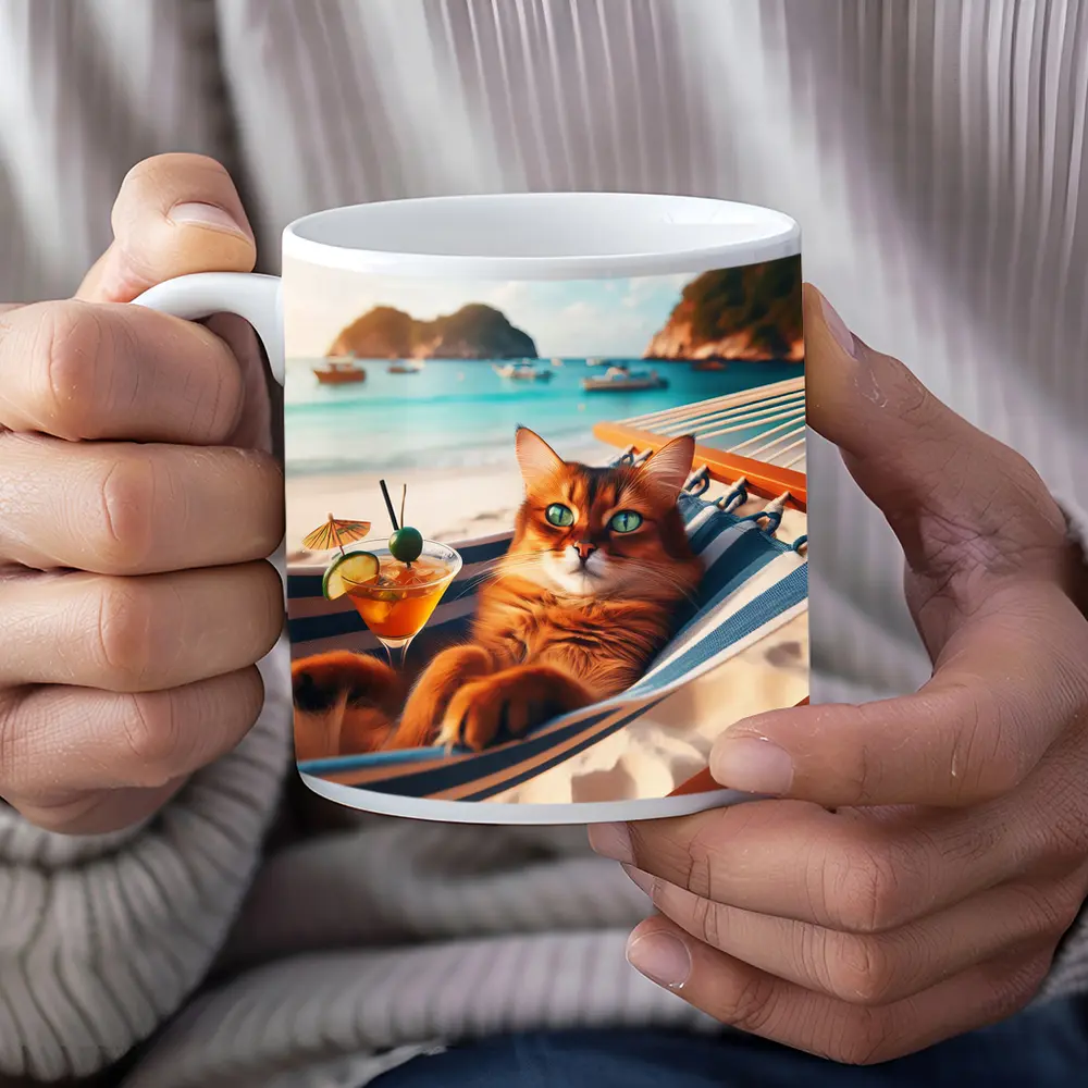 Somali Cat Relaxing on Beach Hammock – Mugs