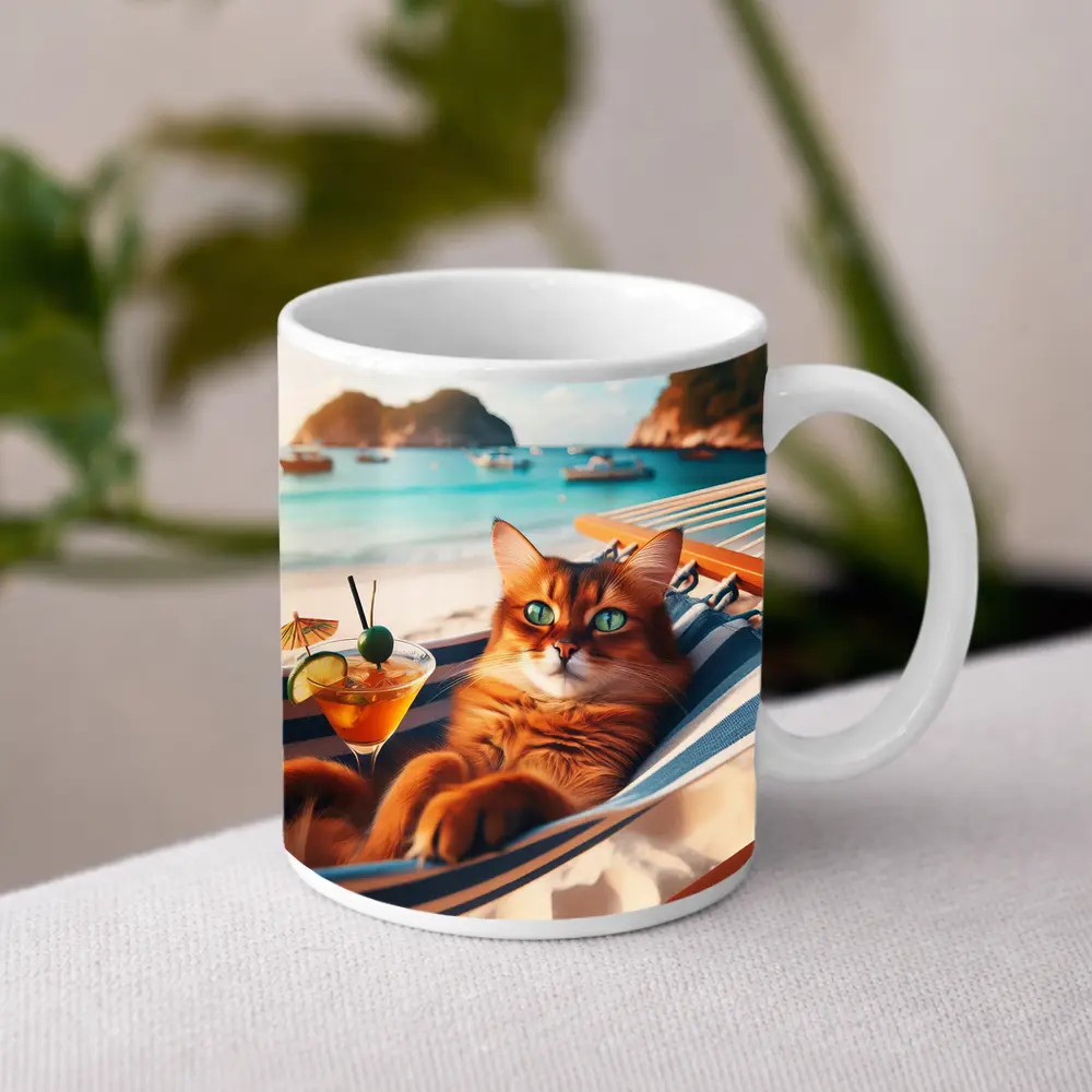 Somali Cat Relaxing on Beach Hammock – Mugs