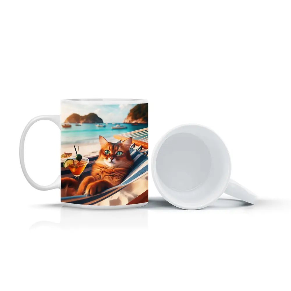 Somali Cat Relaxing on Beach Hammock – Mugs