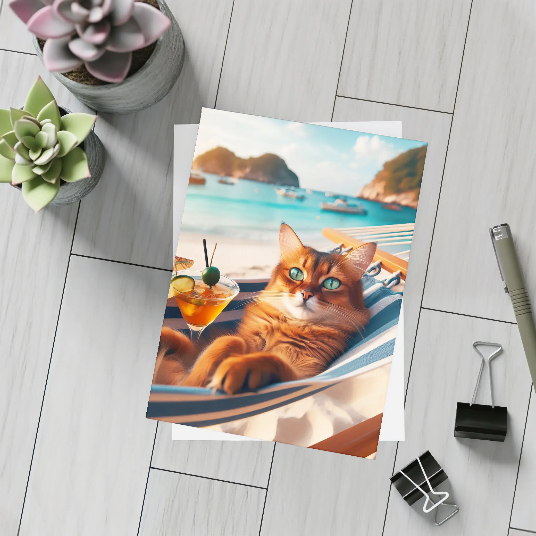 Somali Cat Relaxing on Beach Hammock – Postcards
