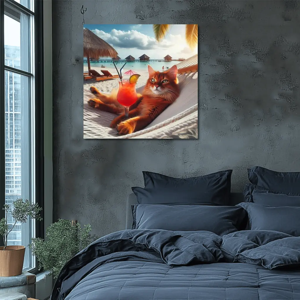 Somali Cat Relaxing on Beach Hammock – Wall Art