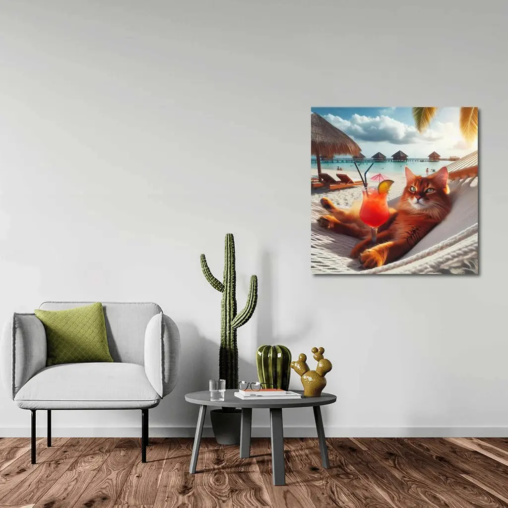 Somali Cat Relaxing on Beach Hammock – Wall Art
